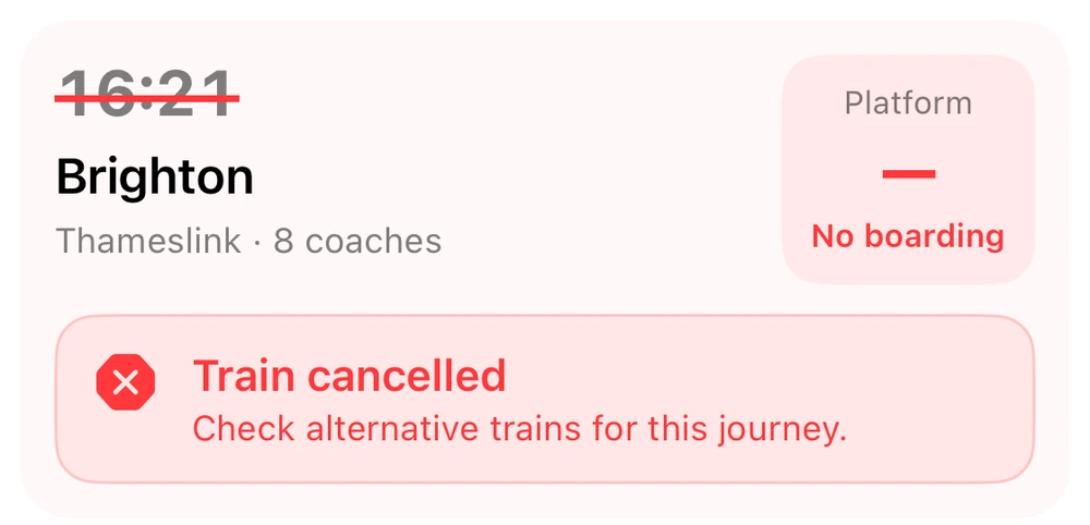Cancelled train shown with a crossed out departure time, no boarding label and advice to check alternative trains
