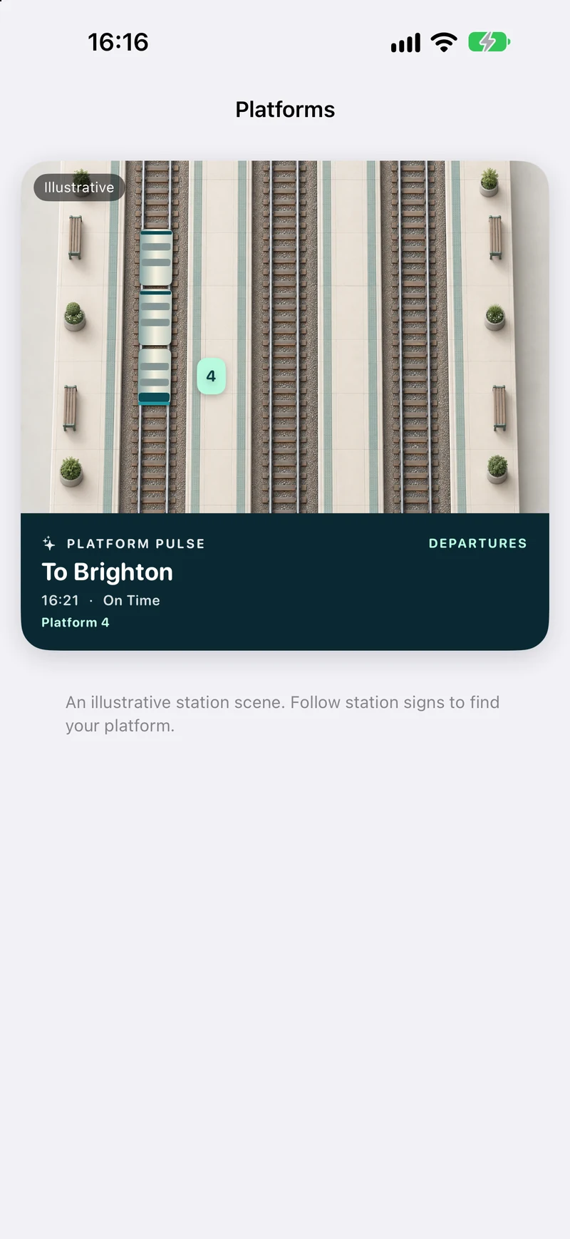 RailO platform view, with an illustrated train and platform number