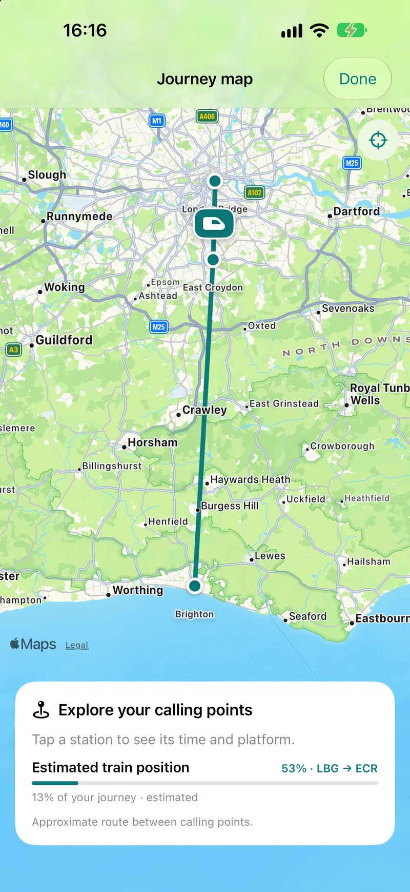 Route map with the train's estimated position between calling points