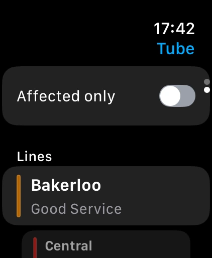 Apple Watch showing London Underground line statuses