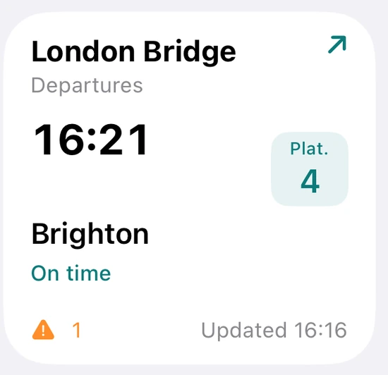 Compact RailO widget showing the next departure